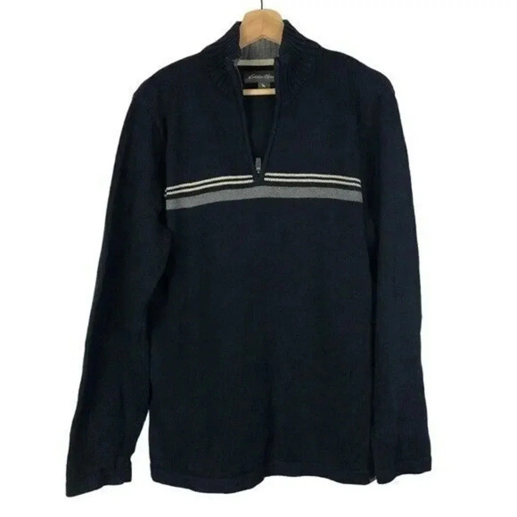 Eddie Bauer Navy Blue Stripe Pullover Quarter Zip Sweater S - Picture 1 of 4